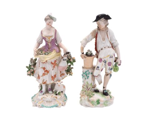 A Derby bocage figure of a shepherdess and a similar figure of a gardener,  the shepherdess holding a flask, a lamb at her fe