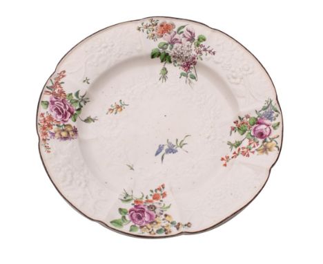 A Chelsea 'Gotzkowsky' pattern plate45722 after the Meissen original, moulded with floral sprays and painted with floral bouq