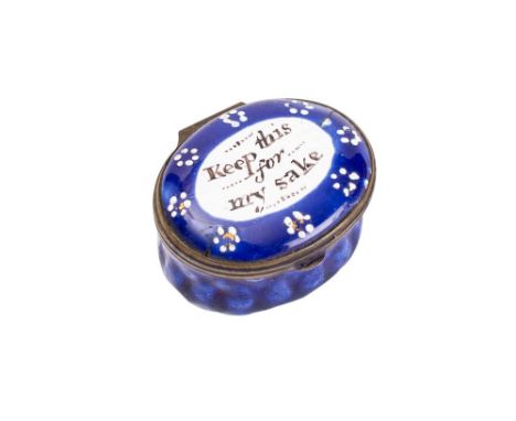 A 19th century South Staffordshire enamel patch box of oval outline the hinged lid inscribed "Keep this for my sake" 4cm wide