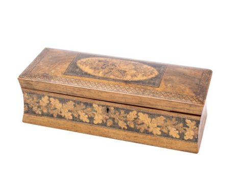 A 19th century Tunbridge ware box of rectangular outline, with Berlin woolwork style panel and similar decorated sides, 25cm 