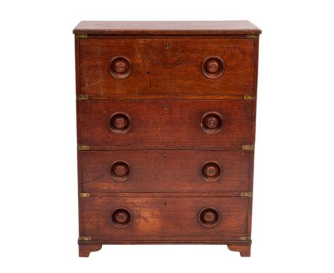 An early Victorian stained hardwood secretaire campaign chest, mid 19th century; both sections with inset brass corner bracke