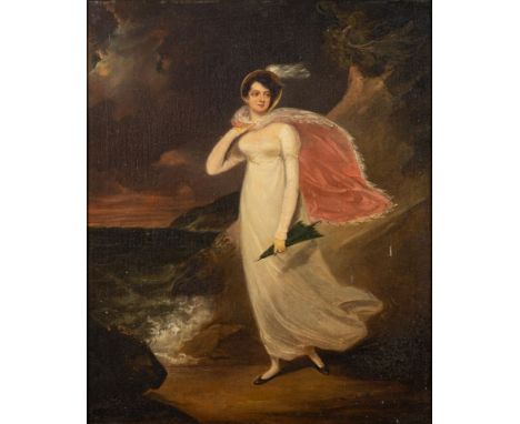 Follower of Sir Thomas Lawrence (British, 1769-1830) Portrait of a Lady on a windswept shoreoil on canvas60 x 49cm.
