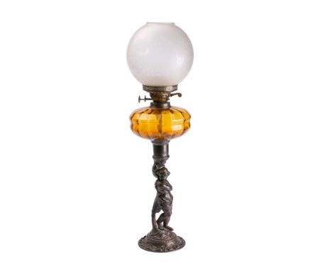 A Victorian cast iron oil lamp the amber glass reservoir mounted on a column with putti on a domed base, with etched glass gl