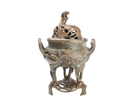 A Chinese bronze censer, stand and cover of circular form with pierced cover with rat and foliate decoration, with similar de