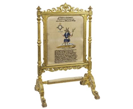 A fine carved and giltwood and embroidered fire screen in Louis XIV style, 19th century,: the embroidery depicting the Trusty