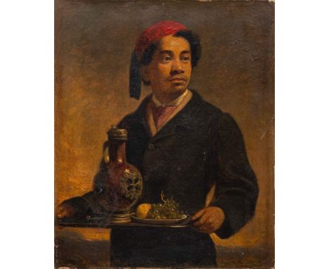 Circle of Edwin Long RA (British, 1829-1891)Portrait of a Moorhalf-length, holding a salver of fruit and a stoneware flagonoi