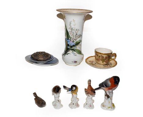 A 20th century Meissen model of a bird, Royal Copenhagen items, Royal Worcester tea cup and saucer, and a modern Meissen vase