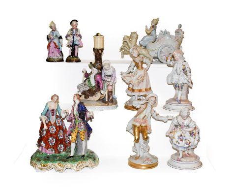 A tray of Continental porcelain figures including a Samson group after Derby, Sitzendorf figural candlestick and a pair of St