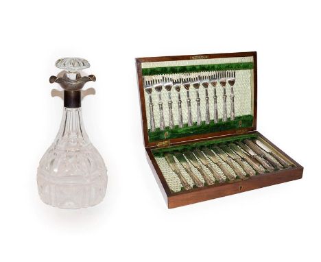 A George V silver mounted cut glass decanter with three pouring spouts, by Manoah Rhodes and Sons Ltd, Sheffield, 1929, toget
