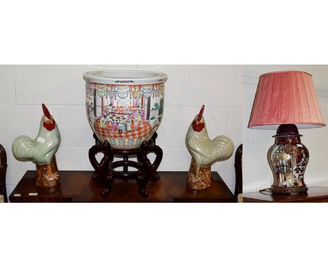 A pair of modern Chinese models of cockerels, a table lamp, a decorative fishbowl (3)