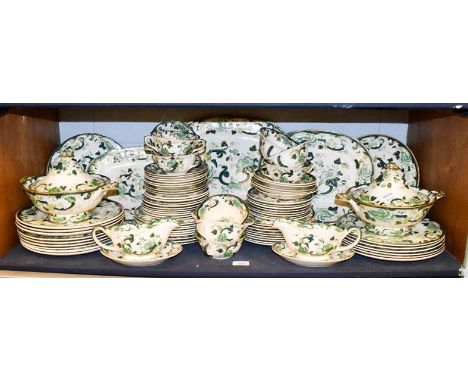 A comprehensive Mason's dinner service in the Chartreuse pattern, including pair of tureens, pair of sauce boats on stands an