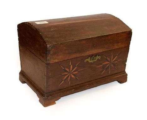 An 18th century oak dome top table box, the hinged lid enclosing a later candle box above two marquetry sun burst emblems, mo