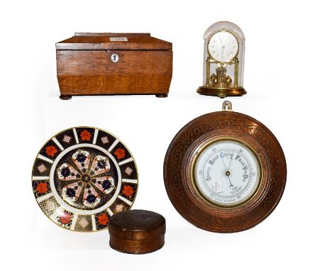 A tray of assorted including 18th century straw work box, oak tea caddy, wheel barometer, Royal Crown Derby plate, and a Bent