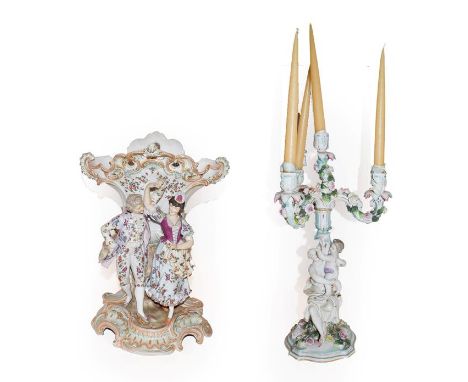 Sitzendorf figural posy vase and a Sitzendorf four light candelabra, 47cm high