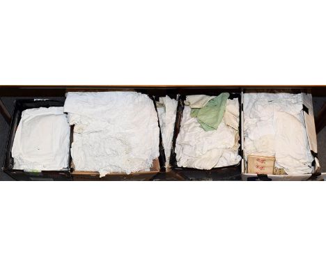 Four boxes of assorted white linen and cotton cloths, chenille cloths and other textiles (four boxes)