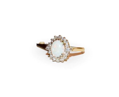 An opal and diamond cluster ring, the oval cabochon opal in yellow claw settings, within a border of eight-cut diamonds, with