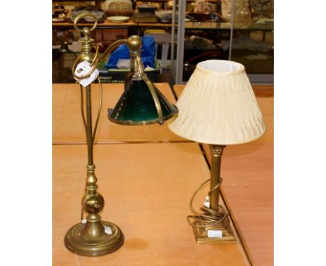 A Victorian brass adjustable desk lamp with green glass shade, 61.5cm high together with a Laura Ashley brass effect table la