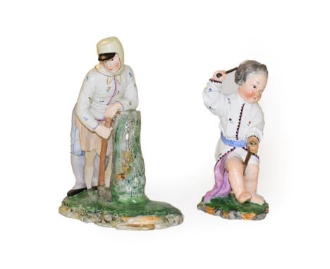 A Höchst Damm Earthenware Group of a Woodsman, mid 19th century, after the model by J P Melchior, the standing figure wearing