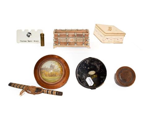 A tray of collectables including a Hardy Bros. fly tin, Indian bone mounted casket, hydrometer style proof spheres in a turne