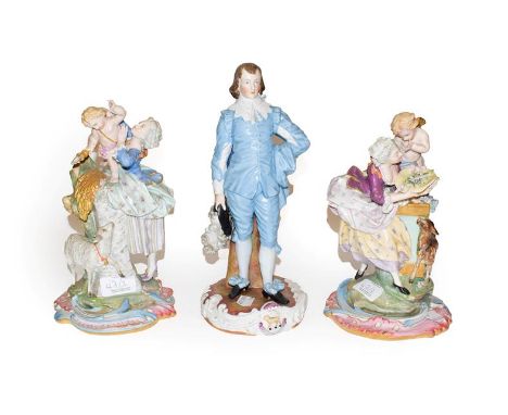 A Sitzendorf figure, Gainsborough's The Blue Boy, 29cm high, together with a pair of Continental porcelain allegorical figure