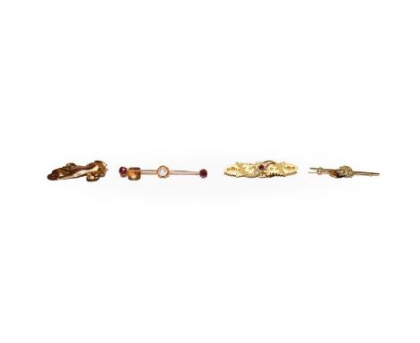 A 15 carat gold ruby and split pearl bar brooch, length 4.5cm, a 9 carat gold hand brooch, length 3.4cm, a pink tourmaline an