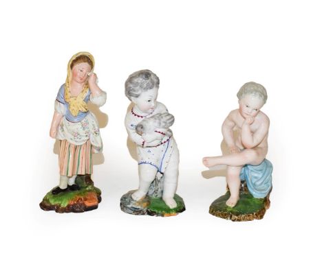 A Höchst Damm Earthenware Figure of a Boy, 19th century, after the model by J P Melchior, standing holding a chicken, on a mo