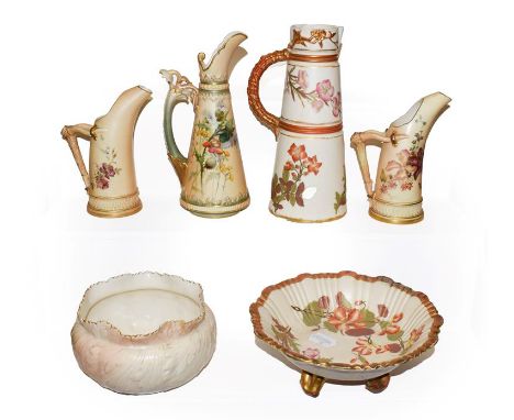 A quantity of Royal Worcester blush ware, including a pair of tusk ewers painted with flowers, a scroll handled ewer painted 