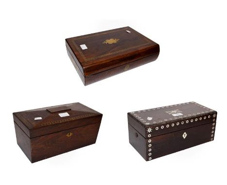 A 19th century brass inlaid rosewood tea caddy, a similar mother of pearl inlaid box and a rosewood writing slope (3).  Tea c