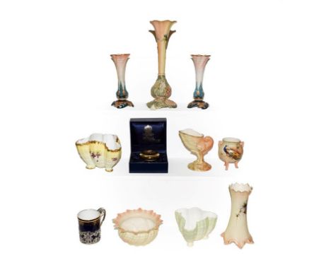 A quantity of Royal Worcester, Lock and Co. and Hadley ware, including a pedestal specimen vase with reticulated knopped stem