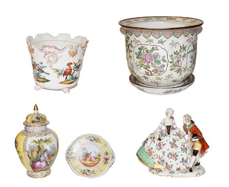 A collection of Continental porcelain including Capodimonte figure group , Dresden yellow ground jar and cover, similar plate