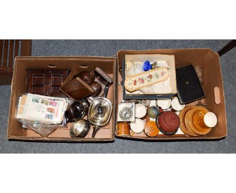 Two boxes of assorted items including a silver plated tea service, Hornsea Saffron teawares, miniature glazed cabinet and ass