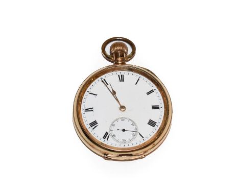 A gold plated pocket watch with enamel dial and subsidiary seconds, movement signed Waltham, case signed Dennison 14ct plated