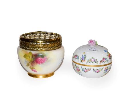 A Royal Worcester pot pourri vase with painted rose flower decoration and a Herend floral hand painted jar and cover (2)