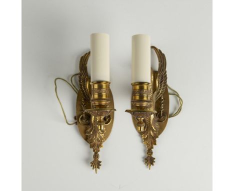 Each sconce has single candelabra set on metal wall plate with lovely etched design and Swan beak holder with wings outstretc