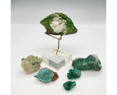 An alluring collection of green stones featuring conichalcite with calcite, raw chrysocolla, teal rosasite, dioptase, and gre