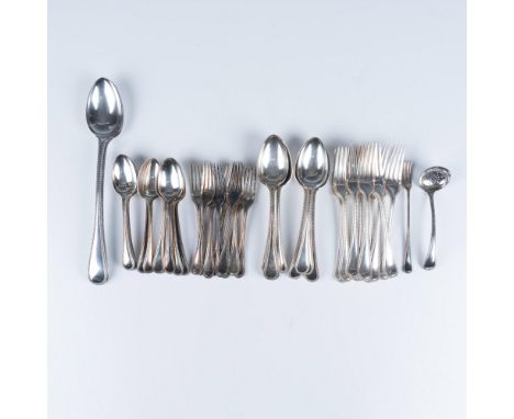 A1 Top grade silver plating. The set includes 2 dinner forks, 2 large serving spoons, 1 strainer spoon, 10 soup spoons, 8 ser