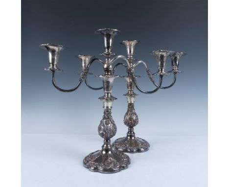 Gorgeous duo of silverplated candle stands with removable candelabra and felt bottoms. Issued: 20th centuryDimensions: 16.25"