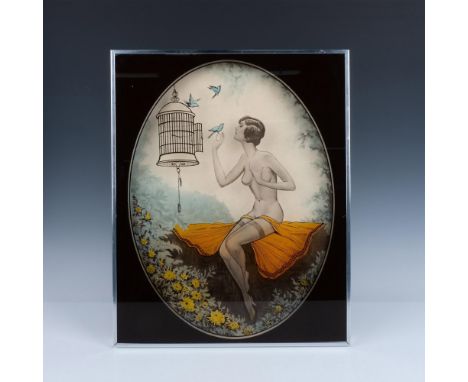 Art Deco risque boudoir reverse print on glass. Artwork dimension: W x H. Artwork sight size 15.5"W x 19.5"H. Framed in silve