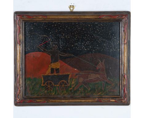 Antique original oil on board that depicts a mystical scene with a man on a cart pulled by a working animal resembling a lama