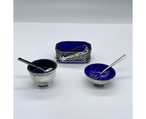Features two sterling condiment jars with cobalt blue glass and one with cobalt blue enamel. Each jar is paired with a tiny s