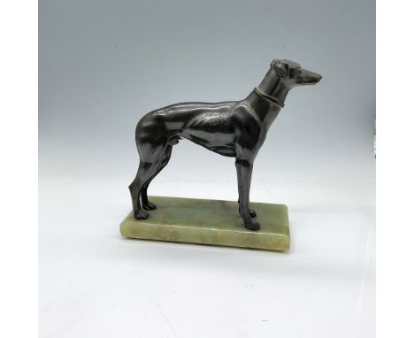 Elegant vintage cast metal greyhound dog mounted on a green onyx stone base with felt on the bottom. Dimensions: 7"L x 3"W x 
