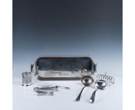 This delightful silver-plated collection includes two soup ladles, two tongs, a toast rack, a cake breaker, a condiment bottl