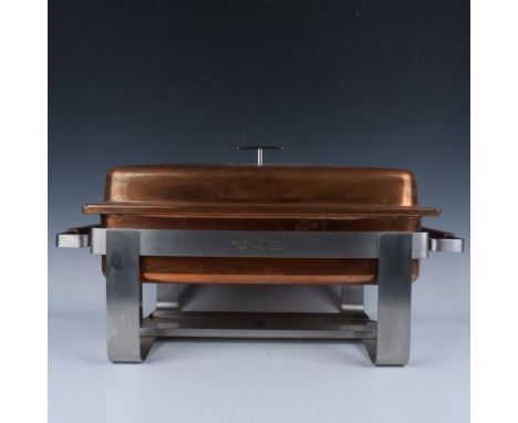 A sturdy vintage stainless steel serving dish with a copper-plated finish, featuring a lift-off lid and a compartment underne