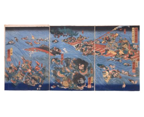 UTAGAWA KUNIYOSHI (1797-1861) - KWANU DESTROYING THE SEVEN ARMIES OF GI (WEI) Woodblock print on paper, 'Tsuzoku Sangokushi n