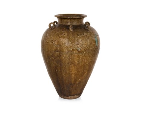 A LARGE OLIVE-BROWN GLAZED STORAGE JAR
Southern China, 19th century, decorated in flying dragons to the wide shoulders, six f