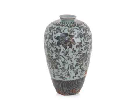 A KOREAN IRON DECORATED CELADON MAEBYEONG JAR
Koryo dynasty, 13th/14th century, of typical form with cup shaped mouth, decora