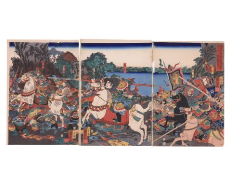 UTAGAWA KUNIYOSHI (1797-1861) - BATTLE BETWEEN BACHO AND SOSO Woodblock print on paper, 'Tsuzoku Sangokushi no uchi: Bacho oi