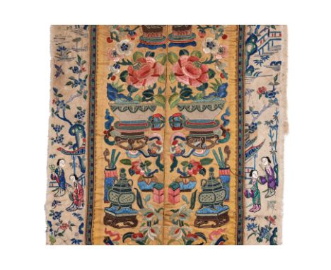 A PAIR OF EMBROIDERED SILK SLEEVE PANELS
Worked in forbidden and running stitch with precious objects, vases of flowers and a