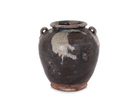 A LUSHAN PHOSPHATIC BLACK-GLAZED JAR
Tang dynasty, ovoid body rounded rim, two loop lugs at shoulders, covered in a dark brow