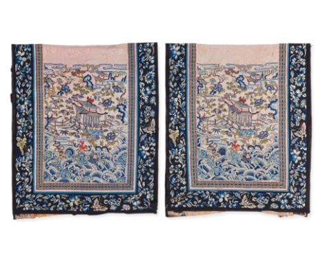 A PAIR OF FINELY WORKED EMBROIDERED SILK PANELS
Worked in forbidden stitch and gold metal wrapped thread with a scene of a pa